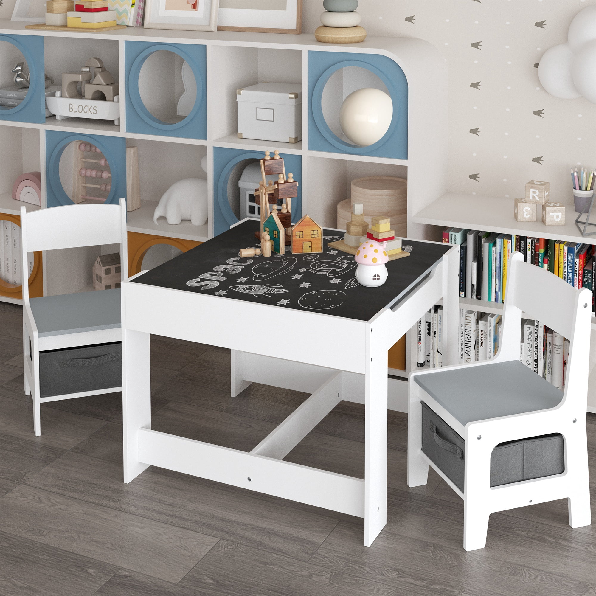3-in-1 Kids Table and Chair Set with Storage Drawer and Reversible Tabletop, Wooden Activity Table and Art Desk for Toddlers, White and Gray