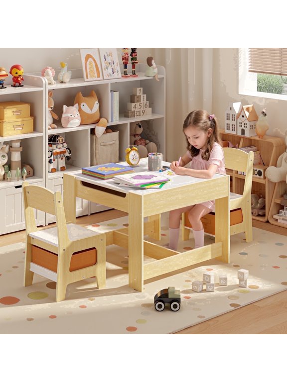Kids Table and Chairs, Noelse Toddler Table with Storage, 3 in 1 Kids Craft Dinner Table Set for Eating, Drawing and Reading in Kids Playroom, Natural
