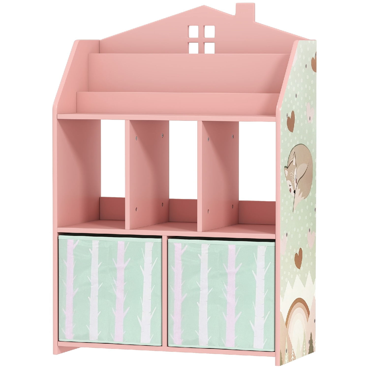 3-in-1 Kids Toy Storage Organizer, 36" Montessori House Shape Bookshelf with Book Display Open Shelves Fabric Drawers, FSC P2 MDF Anti-Tip Toddler Playroom Cabinet Pink Fox Print for Ages 3-8