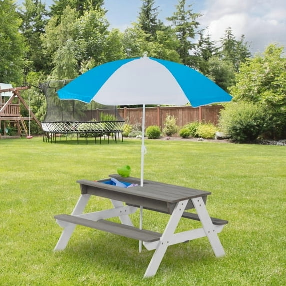 3-in-1 Kids Wooden Picnic Table with Umbrella - Convertible Sand/Water Table, Natural Cedar, Gray (Ages 3–8)