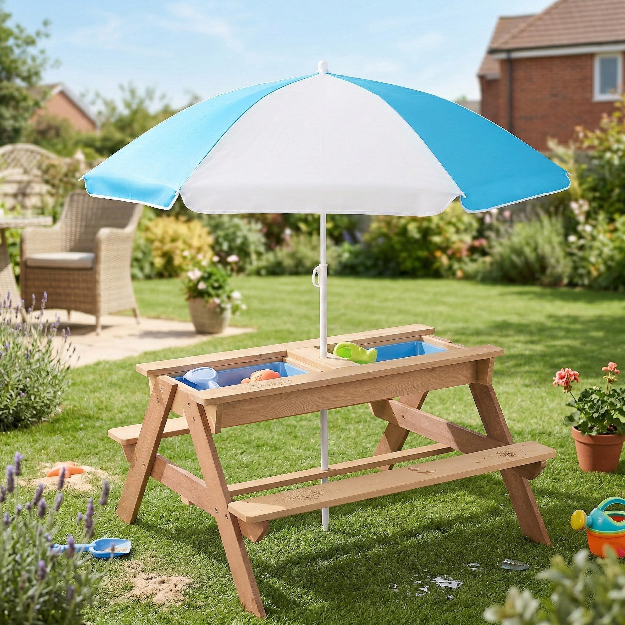 3-in-1 Kids Wooden Picnic Table with Umbrella for Outdoor,Convertible Activity Sand & Water Picnic Table,Natural
