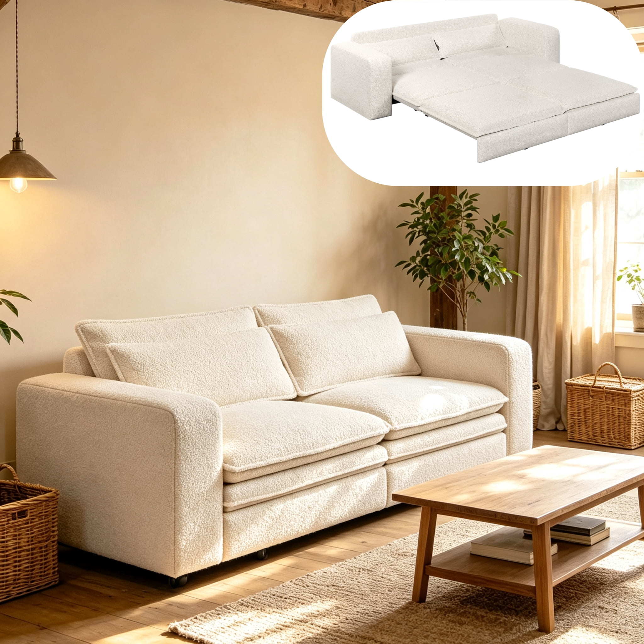 3-in-1 King Size Sleeper Sofa Bed, 93" Sherpa Fleece Pull Out Couch with Wide Armrests & Deep Seat, Modern Convertible Futon Lounge Sofa with 2 Pillows, Beige