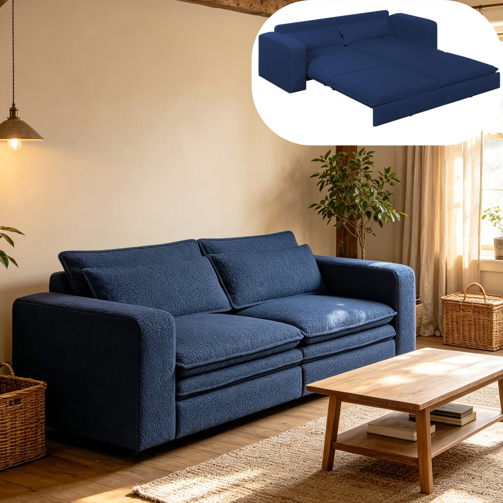 3-in-1 King Size Sleeper Sofa Bed, 93" Sherpa Fleece Pull Out Couch with Wide Armrests & Deep Seat, Modern Convertible Futon Lounge Sofa with 2 Pillows, Blue