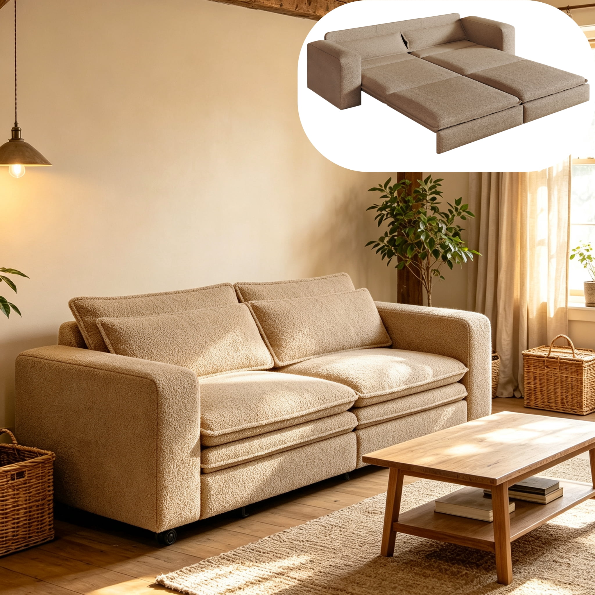 3-in-1 King Size Sleeper Sofa Bed, 93" Sherpa Fleece Pull Out Couch with Wide Armrests & Deep Seat, Modern Convertible Futon Lounge Sofa with 2 Pillows, Camel