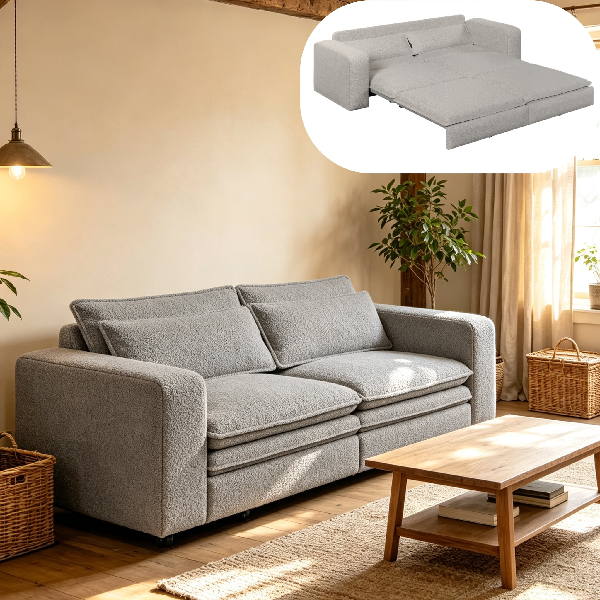 3-in-1 King Size Sleeper Sofa Bed, 93" Sherpa Fleece Pull Out Couch with Wide Armrests & Deep Seat, Modern Convertible Futon Lounge Sofa with 2 Pillows, Light Gray