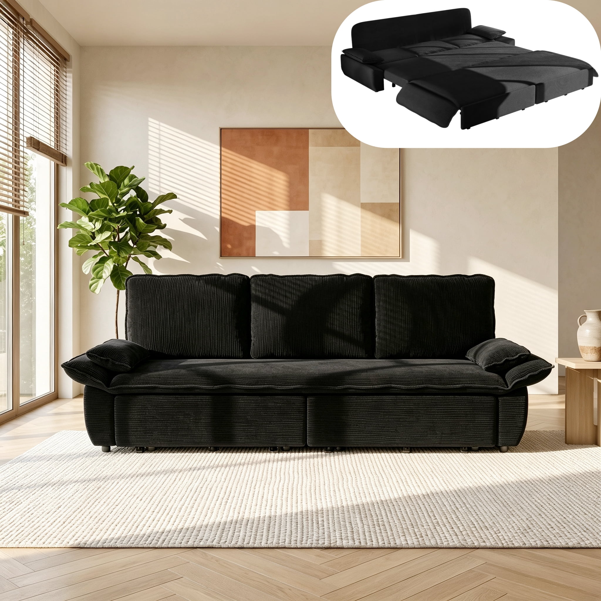 3-in-1 King Size Sleeper Sofa Bed, 94.5" Corduroy Convertible Pull Out Couch with Steel Frame, Modern Folding Lounge Sofa for Living Room, Black