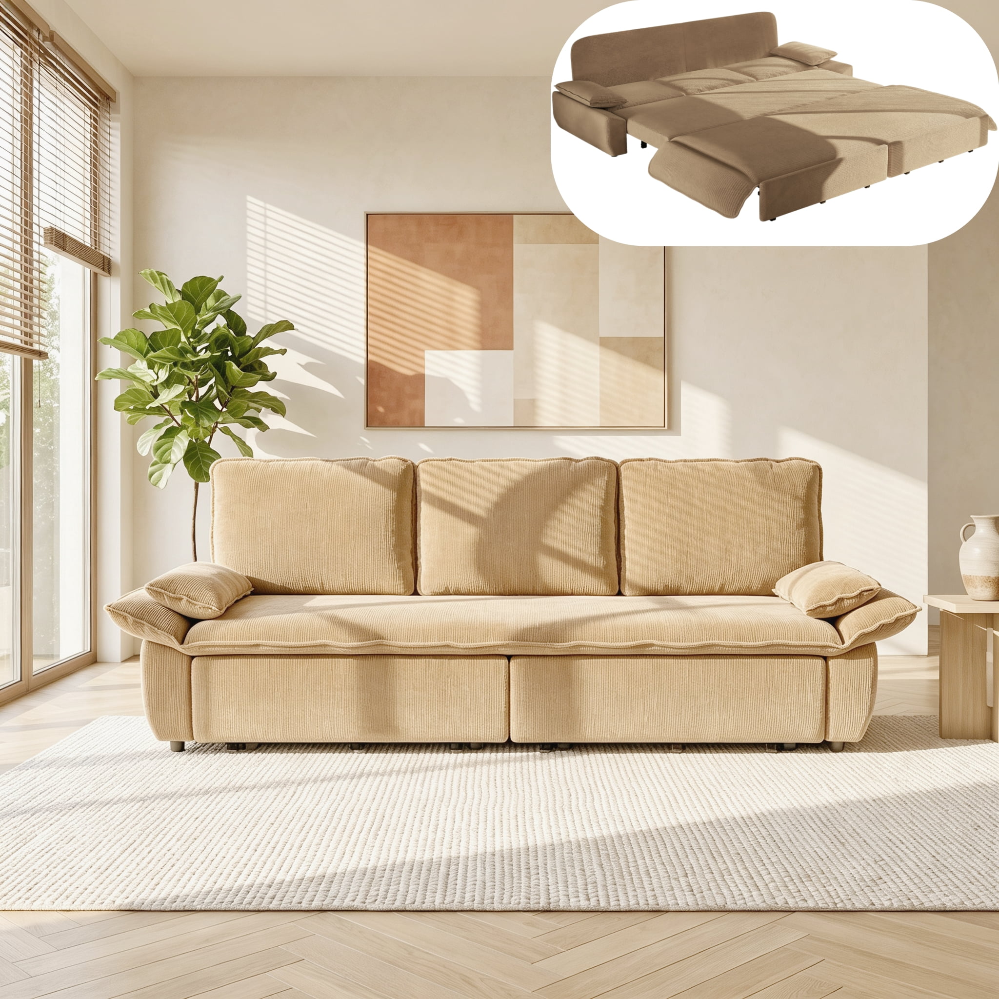 3-in-1 King Size Sleeper Sofa Bed, 94.5" Corduroy Convertible Pull Out Couch with Steel Frame, Modern Folding Lounge Sofa for Living Room, Camel