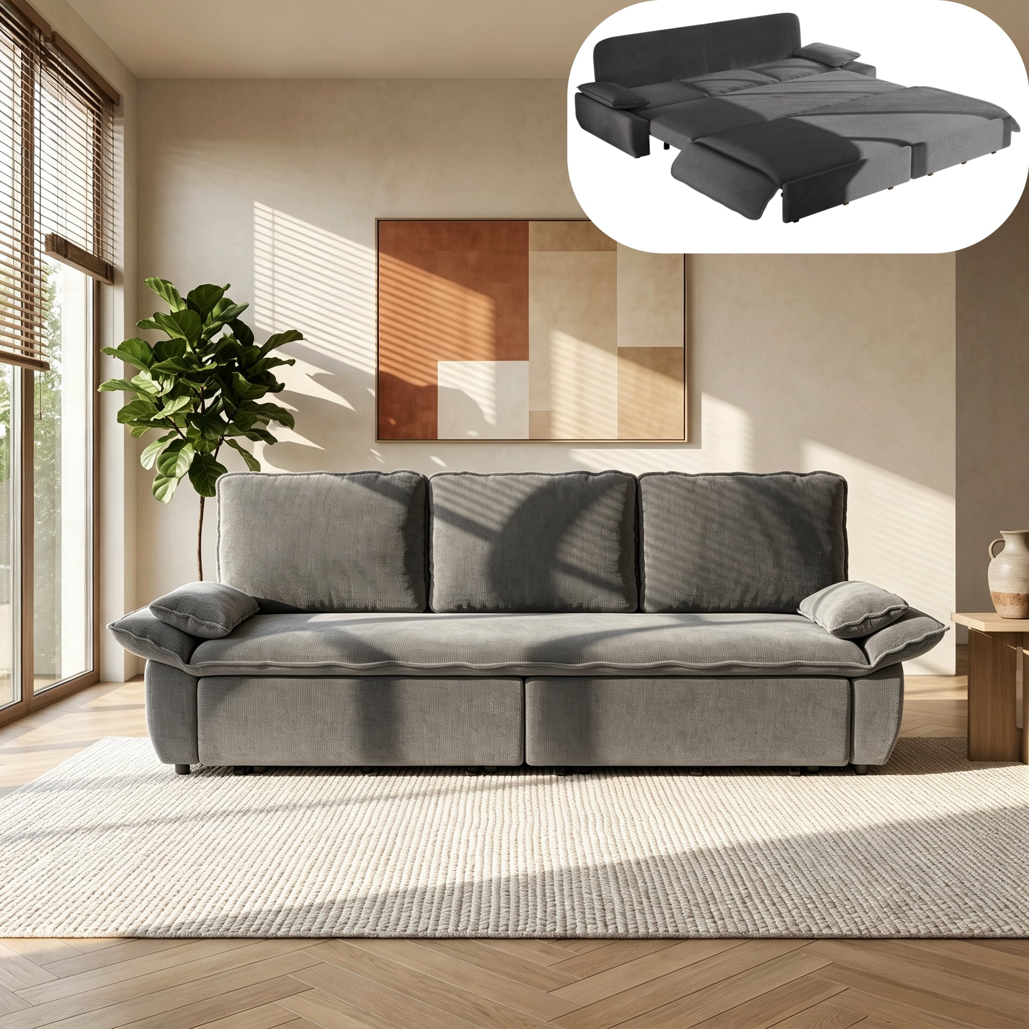 3-in-1 King Size Sleeper Sofa Bed, 94.5" Corduroy Convertible Pull Out Couch with Steel Frame, Modern Folding Lounge Sofa for Living Room, Dark Gray