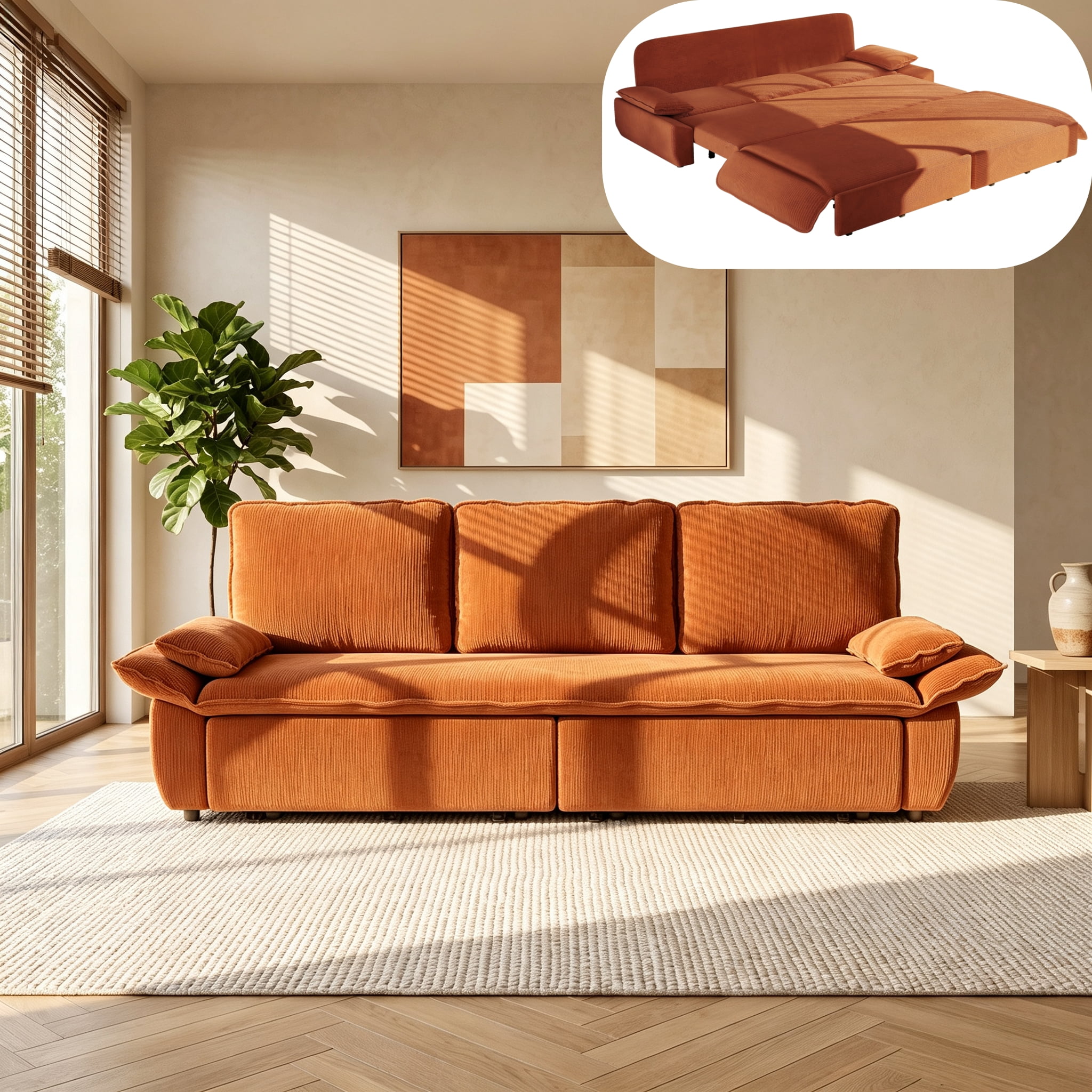 3-in-1 King Size Sleeper Sofa Bed, 94.5" Corduroy Convertible Pull Out Couch with Steel Frame, Modern Folding Lounge Sofa for Living Room, Orange