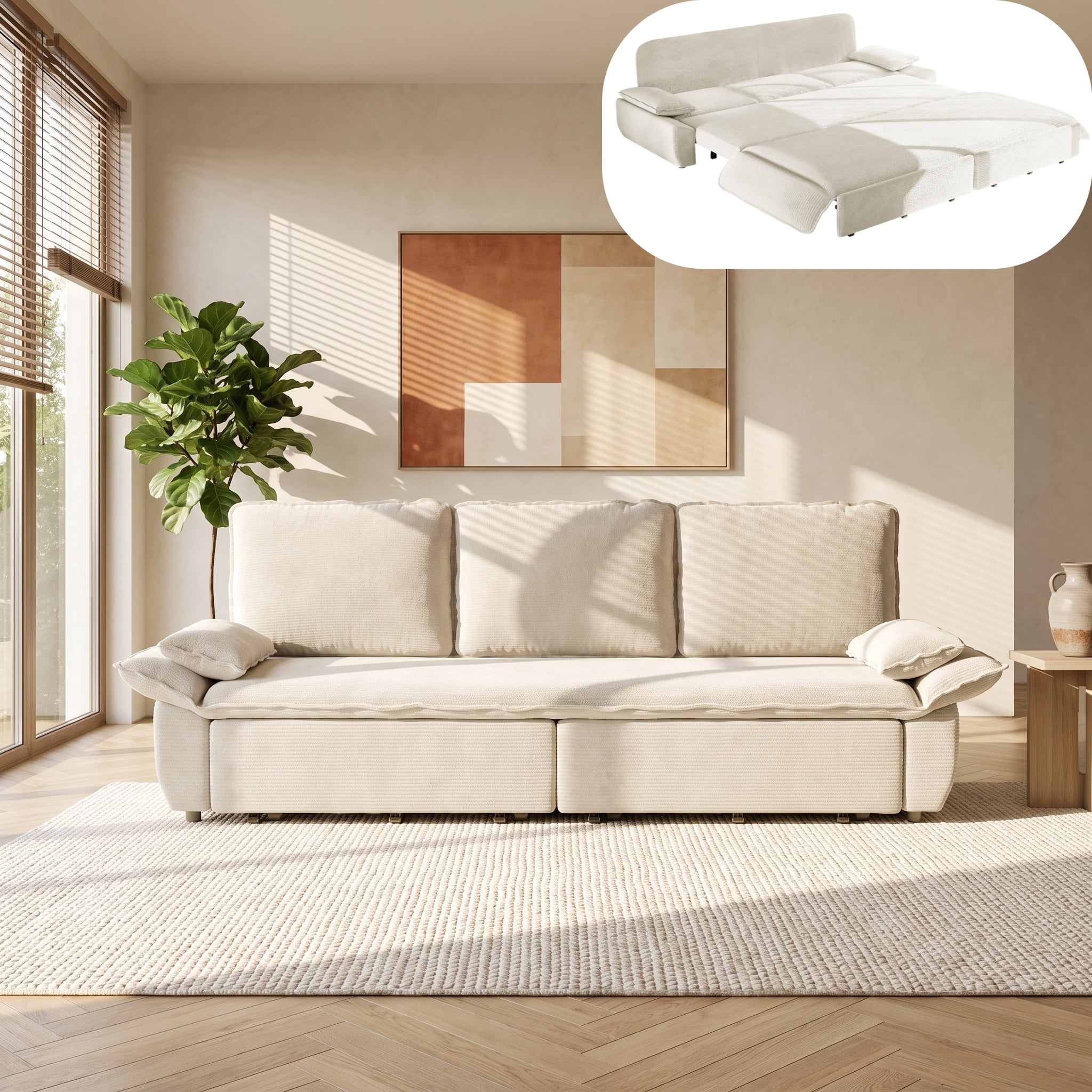 3-in-1 King Size Sleeper Sofa Bed, 94.5" Corduroy Convertible Pull Out Couch with Steel Frame, Modern Folding Lounge Sofa for Living Room, White