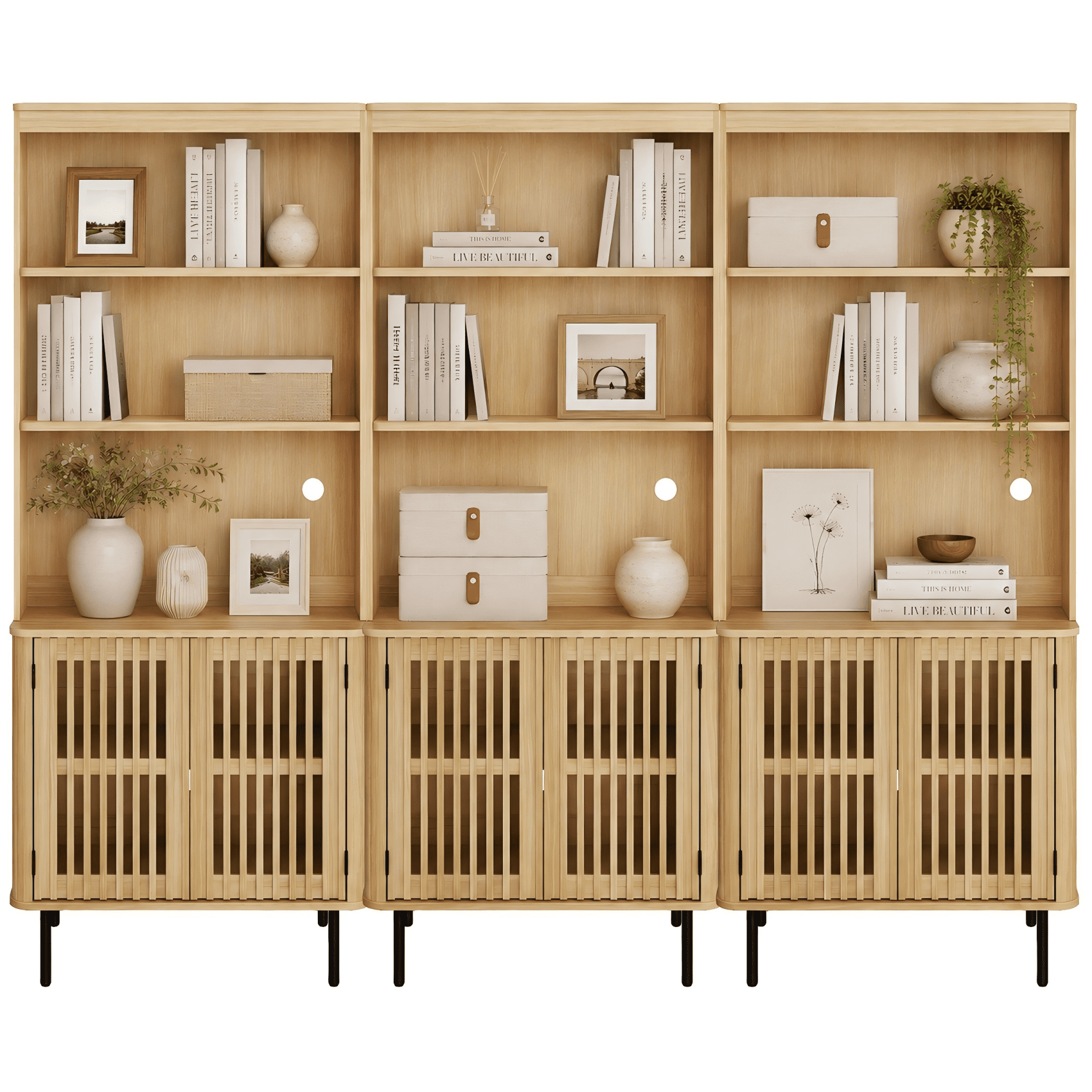 3-in-1 Kitchen Pantry Cabinet 72.8" Tall, Fluted Doors, Adjustable Shelves, Cable Mgmt, Metal Legs, Coffee Bar Storage for Dining Room, Oak
