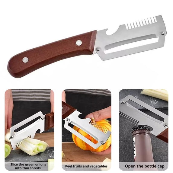 3-in-1 Kitchen Peeler and Onion Slicer, Stainless Steel Sugar Cane Peeler, Vegetable Fruit Peeler with Scallion Cutter and Bottle Opener, Multifunction Cooking Prep Tool