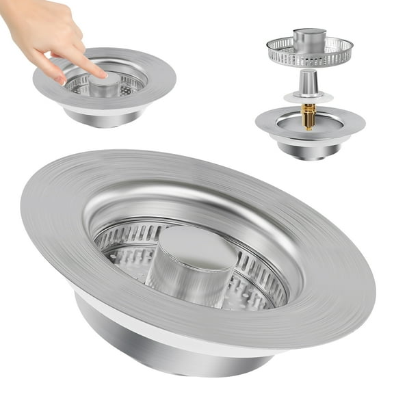 3 in 1 Kitchen Sink Drain Strainer Stopper, Stainless Steel Pop Up Sink Stopper with Basket Filter, Anti-Clogging & Odor Proof