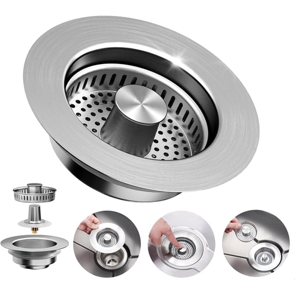 3-in-1 Kitchen Sink Drain Strainer Stopper, Stainless Steel Sink Drain Strainer, Kitchen Sink Stopper & Drain Plug with Anti-Clogging Basket,Sink Strainer Fits US Standard 3-1/2'' Drains