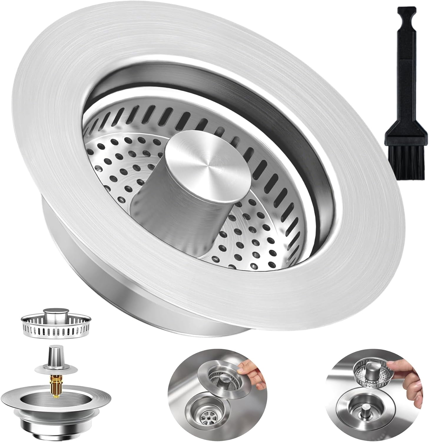3-in-1 Kitchen Sink Drain Strainer Stopper, Upgraded Stainless Steel Sink Plug with Anti-Clog Filter Basket, Fits Standard 3-1/2 Inch Drain Hole, Pop Up Garbage Disposal Cover Food Catcher