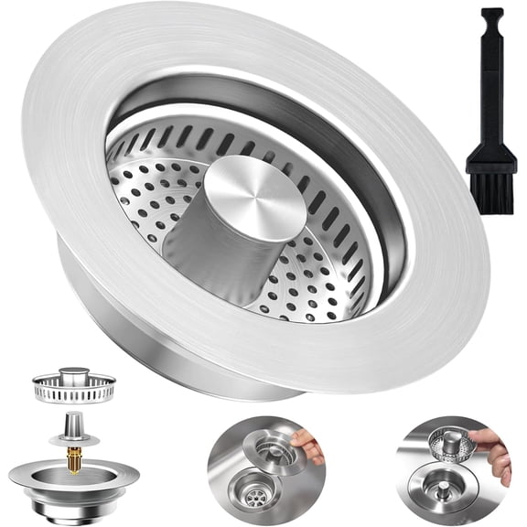 3-in-1 Kitchen Sink Drain Strainer Stopper, Upgraded Stainless Steel Sink Plug with Anti-Clog Filter Basket, Fits Standard 3-1/2 Inch Drain Hole, Pop Up Garbage Disposal Cover Food Catcher