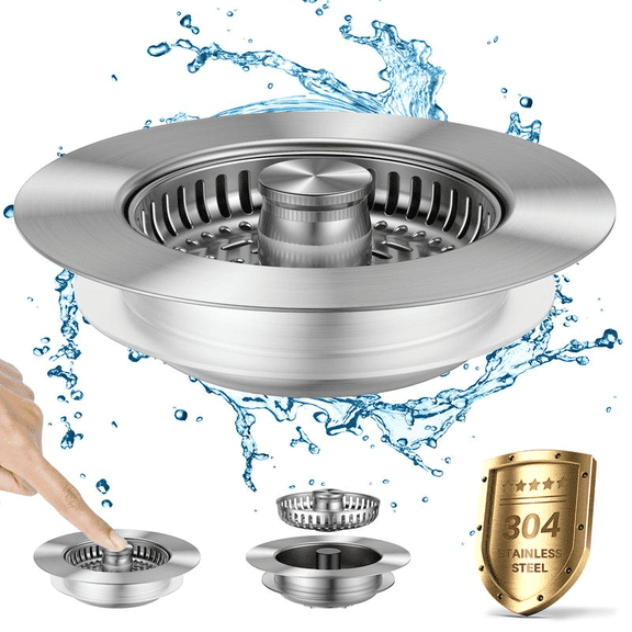 3-in-1 Kitchen Sink Strainer Stopper Combo Stainless Steel Wrap Around Sink Downspout for US Standard 3-1/2 inch Sewer Strainer, Smooth Handle for Easy Cleaning, Anti-Clogging