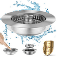 thumbnail image 1 of 3-in-1 Kitchen Sink Strainer Stopper Combo Stainless Steel Wrap Around Sink Downspout for US Standard 3-1/2 inch Sewer Strainer, Smooth Handle for Easy Cleaning, Anti-Clogging, 1 of 5