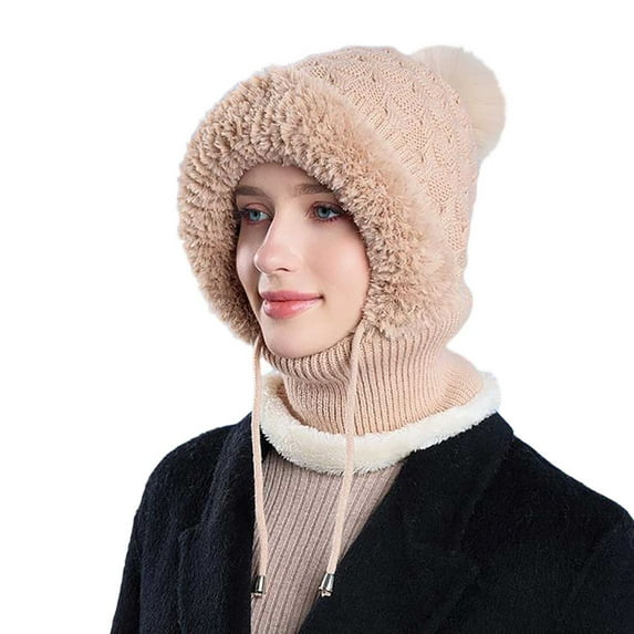 3-in-1 Knitted Balaclava for Women - Fleece-Lined Winter Hat Scarf Mask Set, Windproof Warmth for Ski & Cold Weather(Khaki)