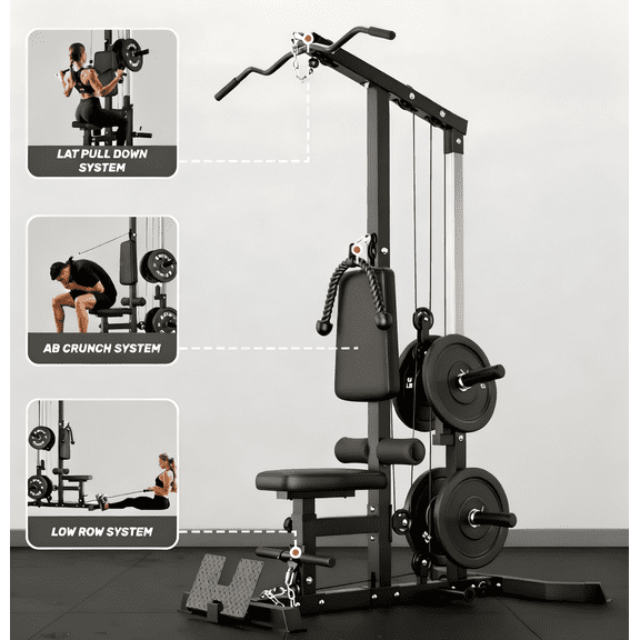 3 in 1 LAT Pulldown Machine, LAT Row Cable Machine with AB Crunch, LAT Tower with Cable Row Attachments, Pulley Stations for Home Gym