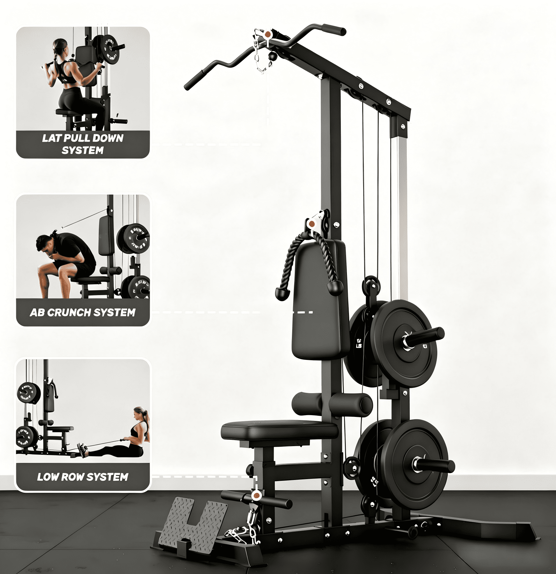 3 in 1 LAT Pulldown Machine, LAT Row Cable Machine with AB Crunch, LAT Tower with Cable Row Attachments, Pulley Stations for Home Gym