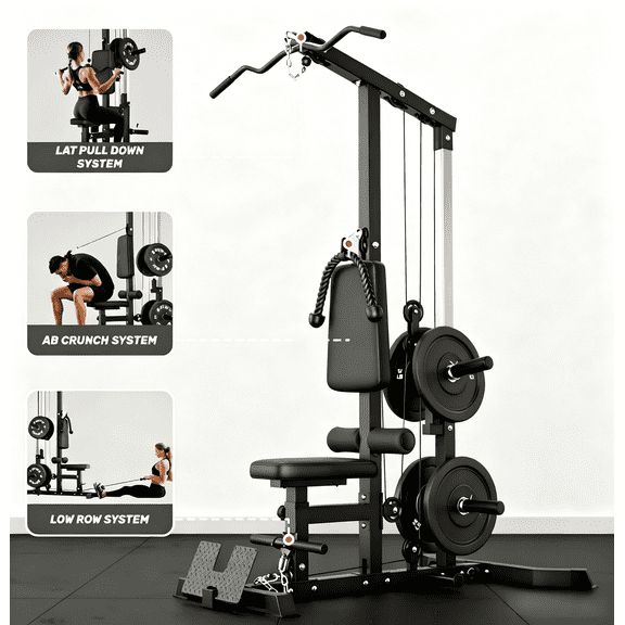 3 in 1 LAT Pulldown Machine, LAT Row Cable Machine with AB Crunch, LAT Tower with Cable Row Attachments, Pulley Stations for Home Gym