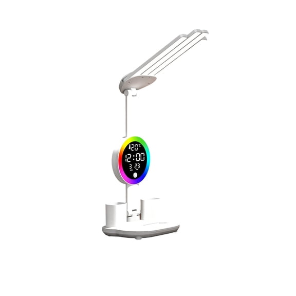 3 in 1 LED Desk Lamp, Adjustable Foldable Table Lamp with Time, Temperature, Pen Holder, 3 Color Dimming Eye Caring Reading Lamp