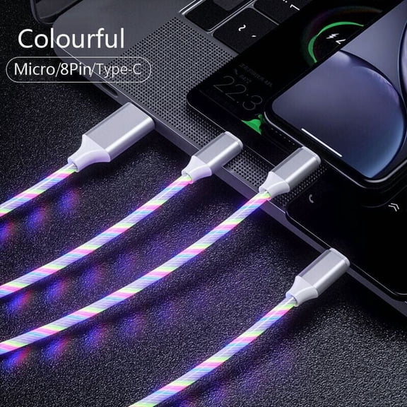 3 in 1 LED Fast Charging Cable, 1M 3A Fast Charge Cord with Gradient Color Light, Compatible with iPhone, Micro USB, Type C Mobile Devices
