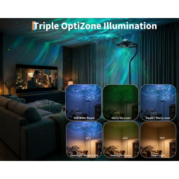 3-in-1 LED Floor Lamp with Remote Control – 350° Rotating Ambient Light – Water Ripple & Star Projector – Bendable Modern Standing Design for Office, Living Room, or Bedroom – Flexible Neck