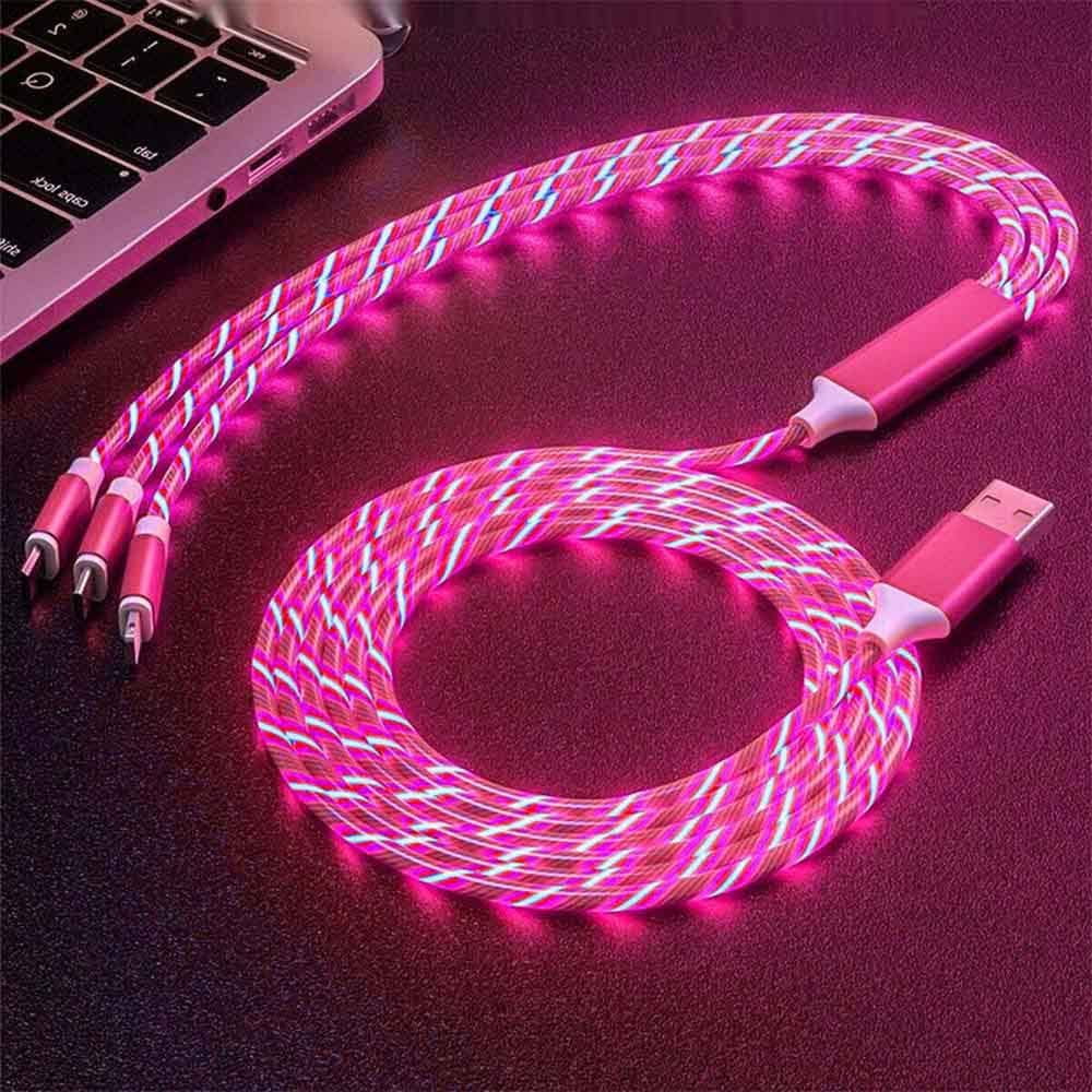 3 in 1 LED Flowing Light Up Charger Charging Cable USB Cord for Android Samsung iPhone (Red