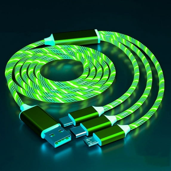 3 in 1 LED Flowing Magnetic Charging Cable Magnetic Phone Charger Light Up Shining USB C Cable Android Micro USB Type C for IPHONE (3in1 Green)