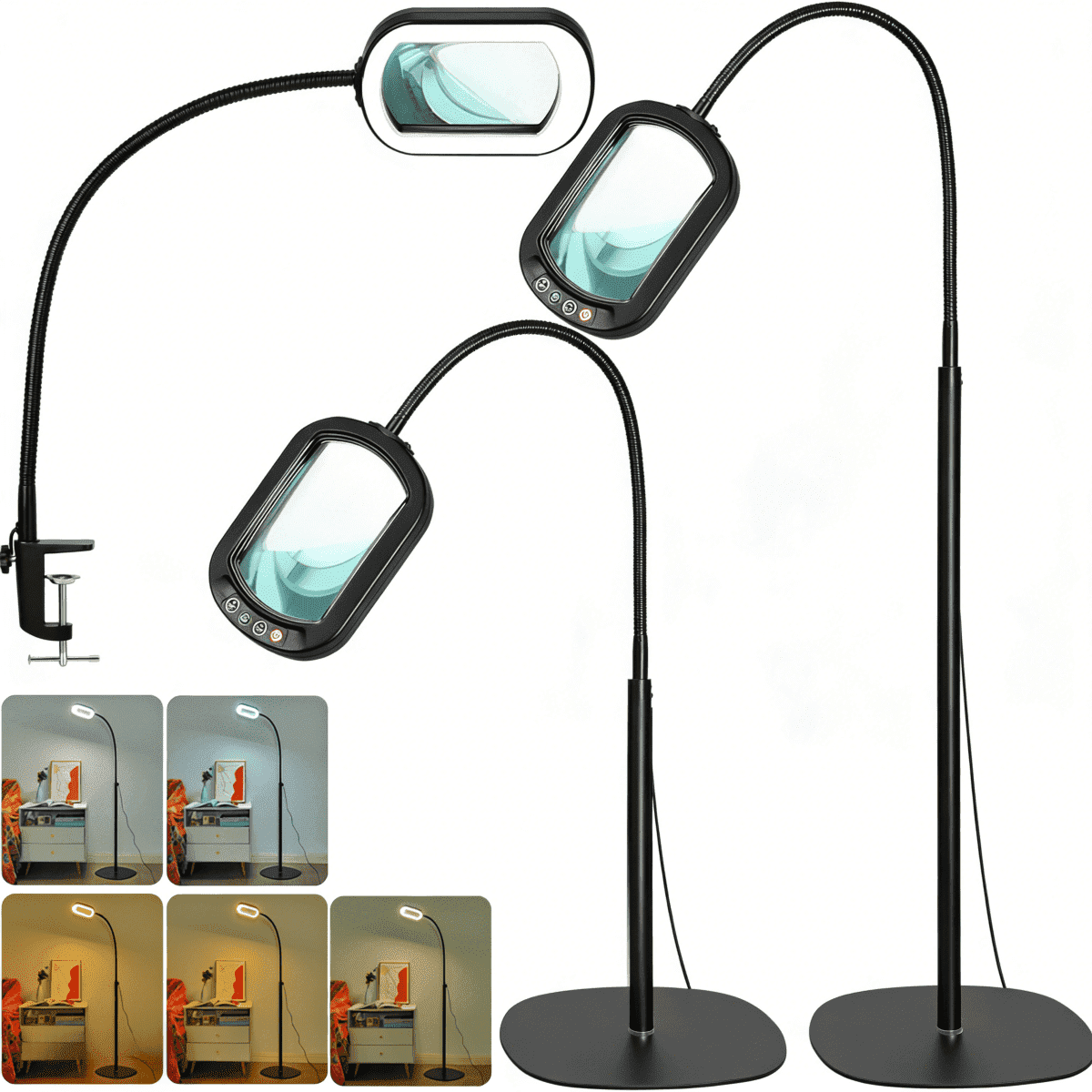3-in-1 LED Magnifying Floor Lamp with Clamp, 24-inch Flexible Gooseneck, 5 Color Modes Stepless, Hands Free for Reading