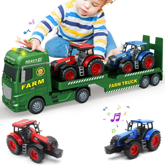 3 in 1 Large Farmer Truck Toy, 25" Semi Flatbed Truck Toy with 2 Tractors, Friction Powered Vehicles Toys with Lights and Sounds