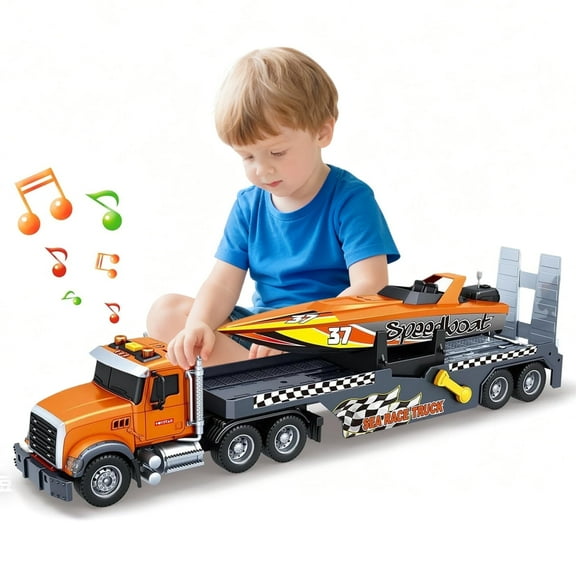 3-in-1 Large Flatbed Truck Toy with a Sea Race Truck, Friction Powered Vehicles Toys with Lights and Sounds, Gift for 3+ Year Old Kids Boys Girls