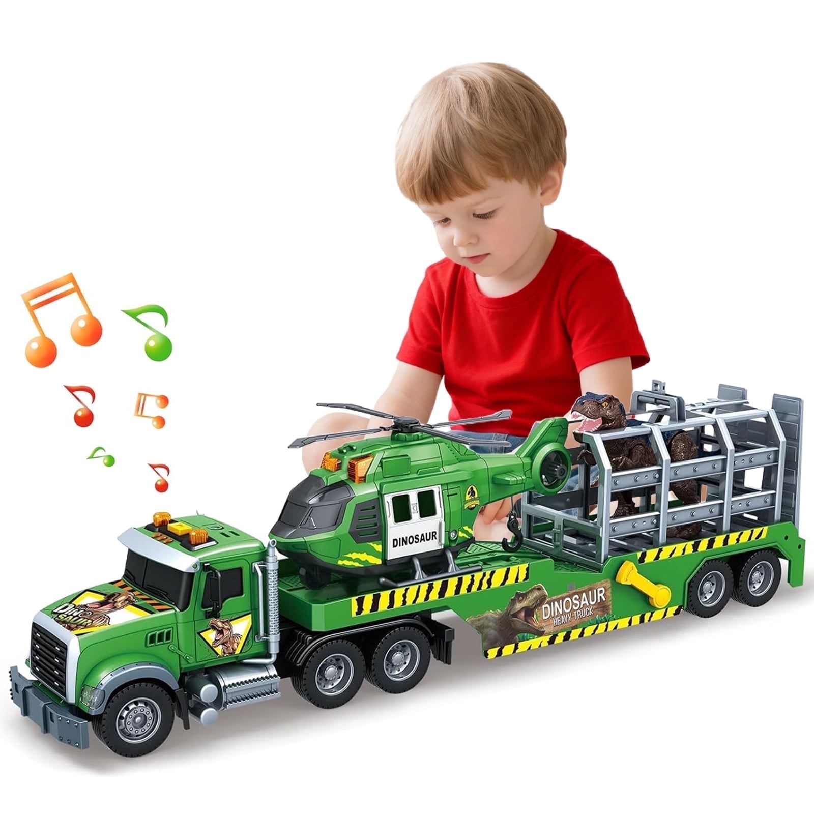 PMHZI 3-in-1 Dinosaur Truck Toy for Kids, Friction Powered Green Flatbed Carrier with Dino Transport, Lights & Sounds, Gift for Boys Ages 3+