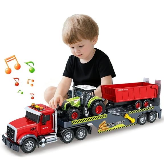 3-in-1 Large Semi Flatbed Truck Toy with a Farm Truck, Friction Powered Vehicles Toys with Lights and Sounds,Gift for 3+ Year Old Kids Boys