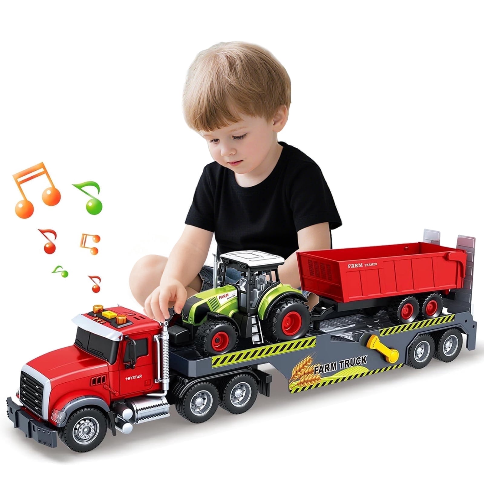 PMHZI 3-in-1 Farm Truck Toy for Kids, Friction Powered Flatbed Carrier with Tractor & Trailer, Lights & Sounds, Gift for Boys Ages 3+