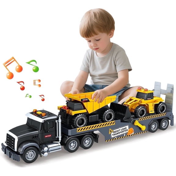 PMHZI 3-in-1 Semi Truck Toys for Kids, Friction Powered Dump Truck & Excavator with Trailer, Lights & Sounds, Gift for Boys Girls Ages 3+