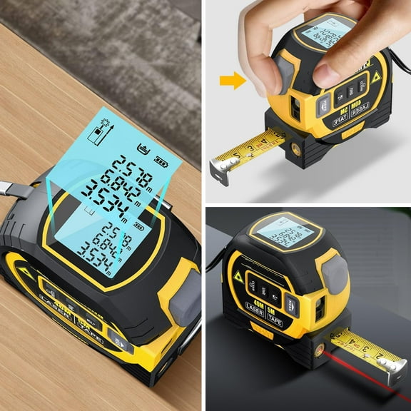 3-in-1 Laser Tape Measure, Infrared Laser Measuring Tape Tool with Led Display Self-Locking Portable Accurate Rangefinder for Workshop, Yellow(60M)