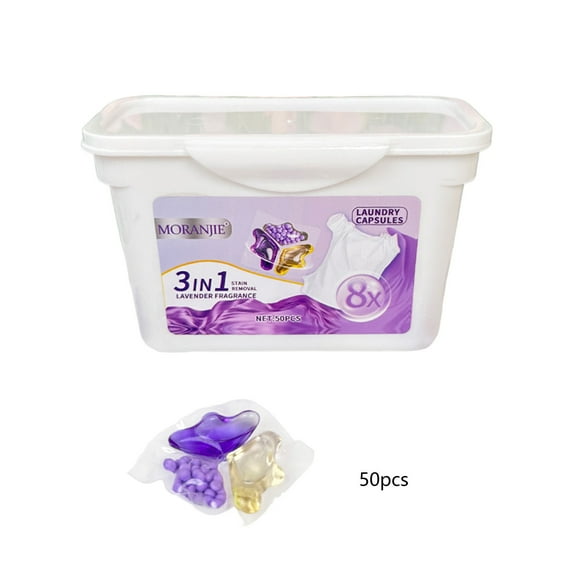 3-in-1 Laundry Detergent Capsules (50pcs) - Natural Enzyme Stain Remover, Long-Lasting Lavender Scent, Color Protection & Fabric Softener