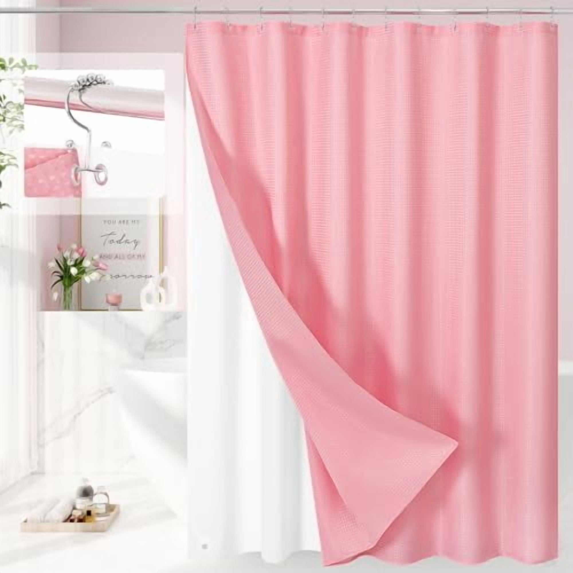 3 in 1 Long Pink Shower Curtain Set-72 W x 78 H, Modern Waffle and PEVA