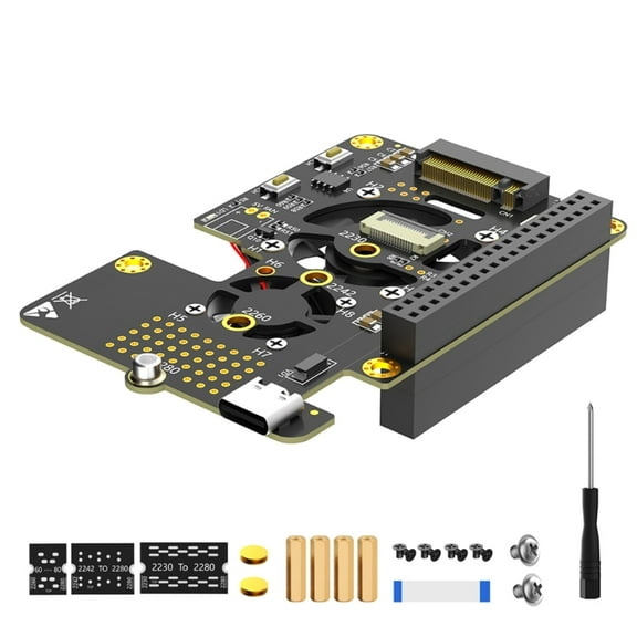 3 in 1 M.2 NVMe SSD to PCIe Adapter with Dual Cooler Fans and Automatic Discoloration LED for Raspberry Pi 5