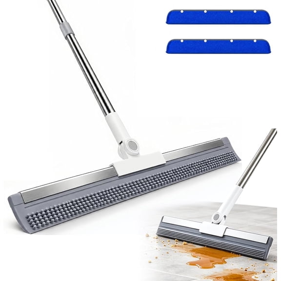 3-in-1 Magic Floor Squeegee Broom, Flexible 180° Rotating Head (13.8in) | Includes 2 Microfiber Mop Pads, for Bathrooms, Kitchens, Garages, Patios, Tile, Smooth Floors & Pet-Hair Cleanup on Rugs