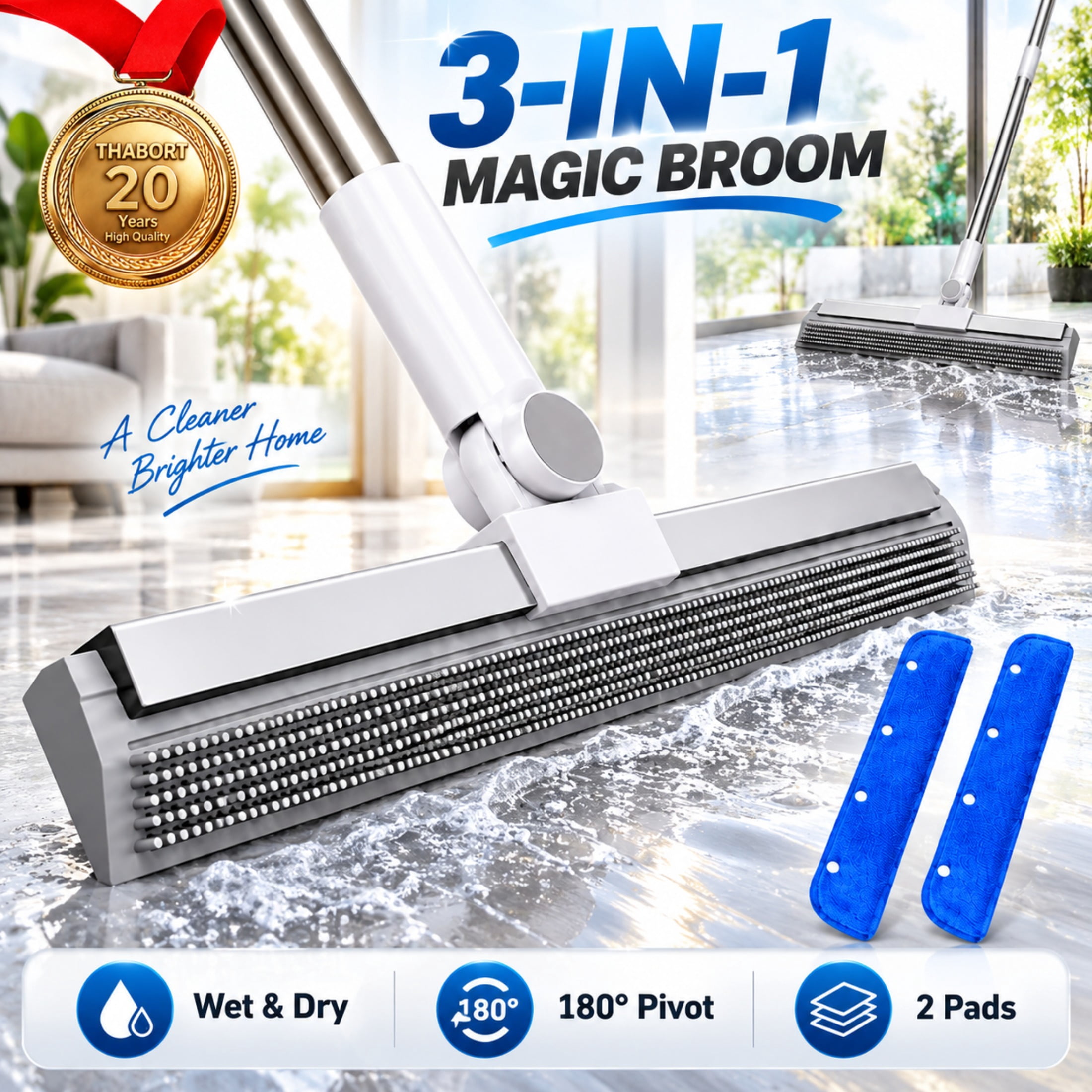 3-in-1 Magic Silicone Broom Squeegee & Floor Wiper 47.2