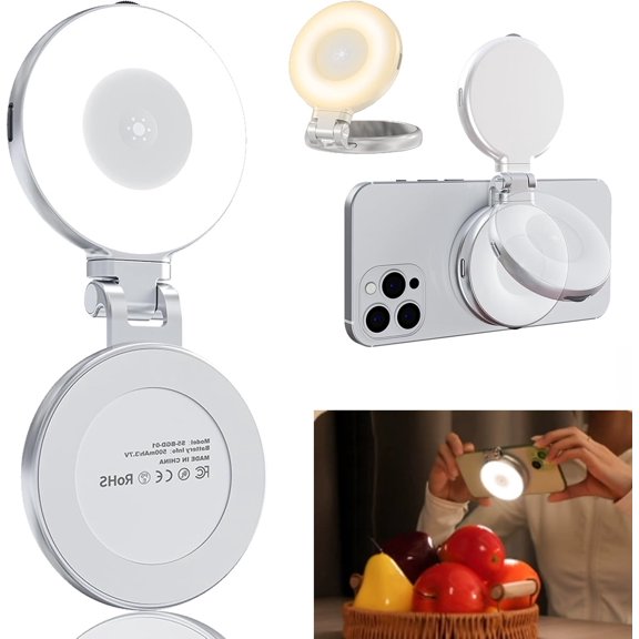3-in-1 Magnetic Beauty Selfie Light for Phones, 360° Foldable Selfie Ring Fill Light with Mirror, Portable Selfie Lights, Three-Color Soft Light, Long Battery Life, for Makeup Selfies (1pcs)