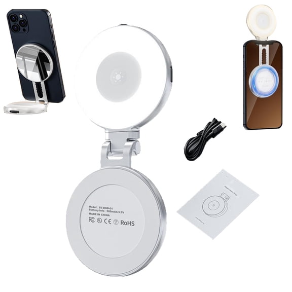 3-in-1 Magnetic Beauty Selfie Light for Phones, Magnetic Selfie Light with Mirror, 360 LED Foldable Magnetic Fill Light for Phone, for Selfies/Photography/BackCamera & Video Recording