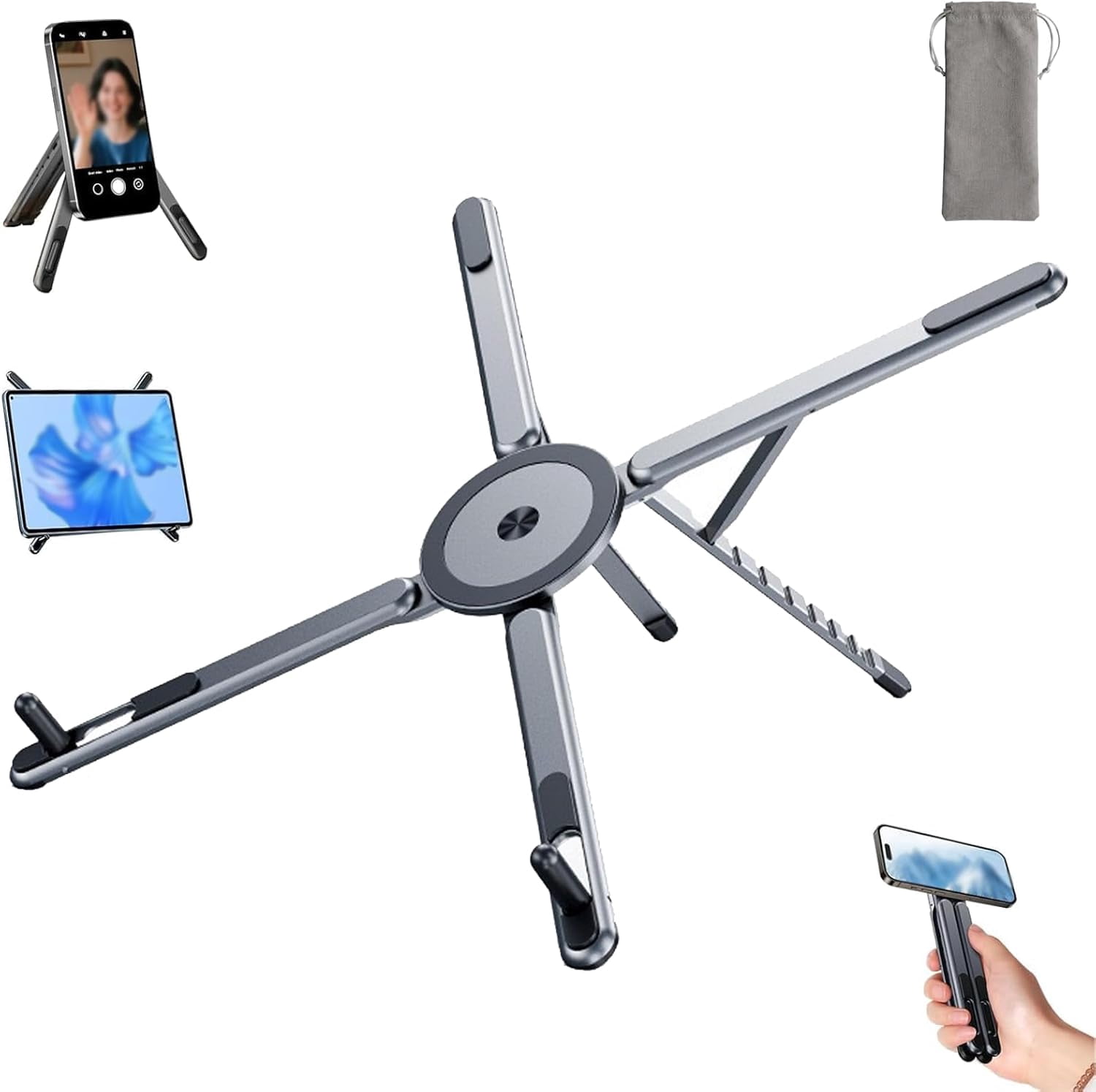 3-in-1 Magnetic Foldable Laptop Stand - Adjustable Aluminum Laptop Stand, 8-Level Height Adjustable Laptop Riser, Foldable Magnetic Holder for Tablet Phone, Portable Stand Desk (1Pcs-Gray)