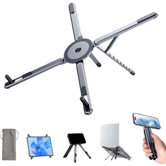 3-in-1 Magnetic Foldable Laptop Stand, Adjustable Aluminum Laptop Stand, 8-Level Height Adjustable Riser with Phone Holder & Tablet Support for Office Home (Gray,1PC)