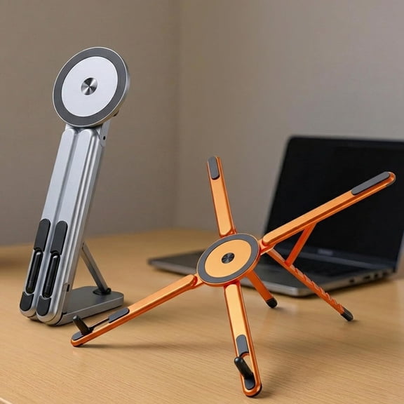 3-in-1 Magnetic Foldable Laptop Stand, Aluminum Portable Laptop Riser with Integrated Phone Holder & Tablet Support, Ergonomic 8-Level Adjustable Height for Desk, Travel & Home Office (Orange)