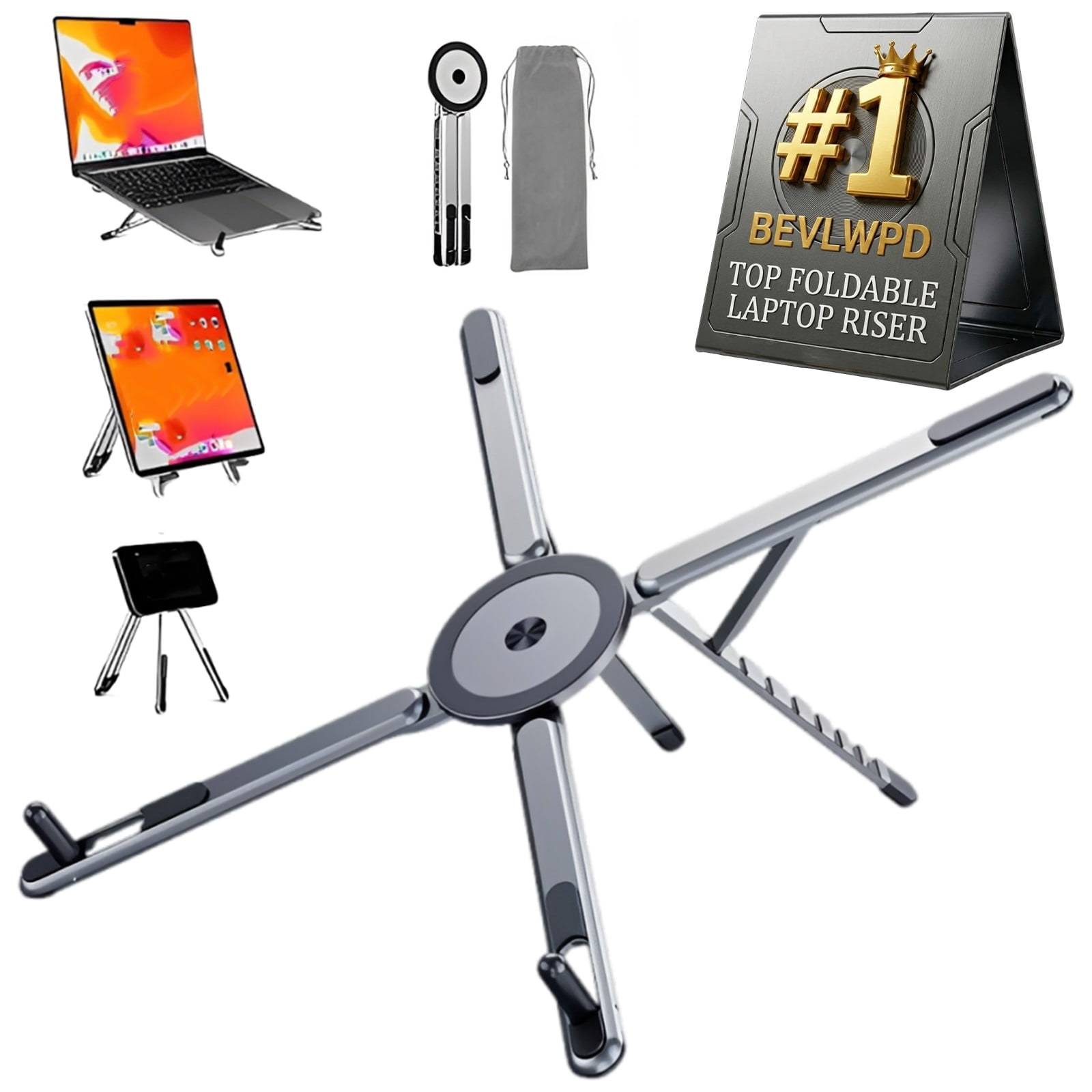 3-in-1 Magnetic Foldable Laptop Stand Portable Adjustable Computer Riser for Desk Integrated Folding Desktop Phone Holder Aluminum Tablets Collapsible Lying down Multi-angle Support